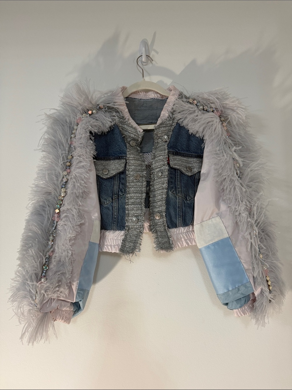 Next Level Apparel Mixed Denim &  Fur Bomber Jacket in Light Gray and Blue